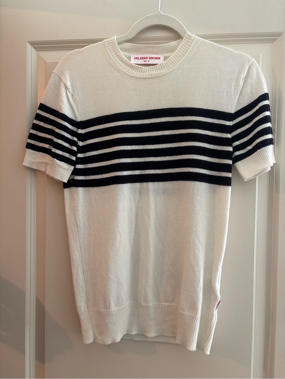 Orlebar Brown White and Navy Striped Short-Sleeve Crewneck Sweater